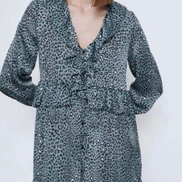 ✨Zara Teal Leopard Print Sz Small Dress✨ - Picture 3 of 11